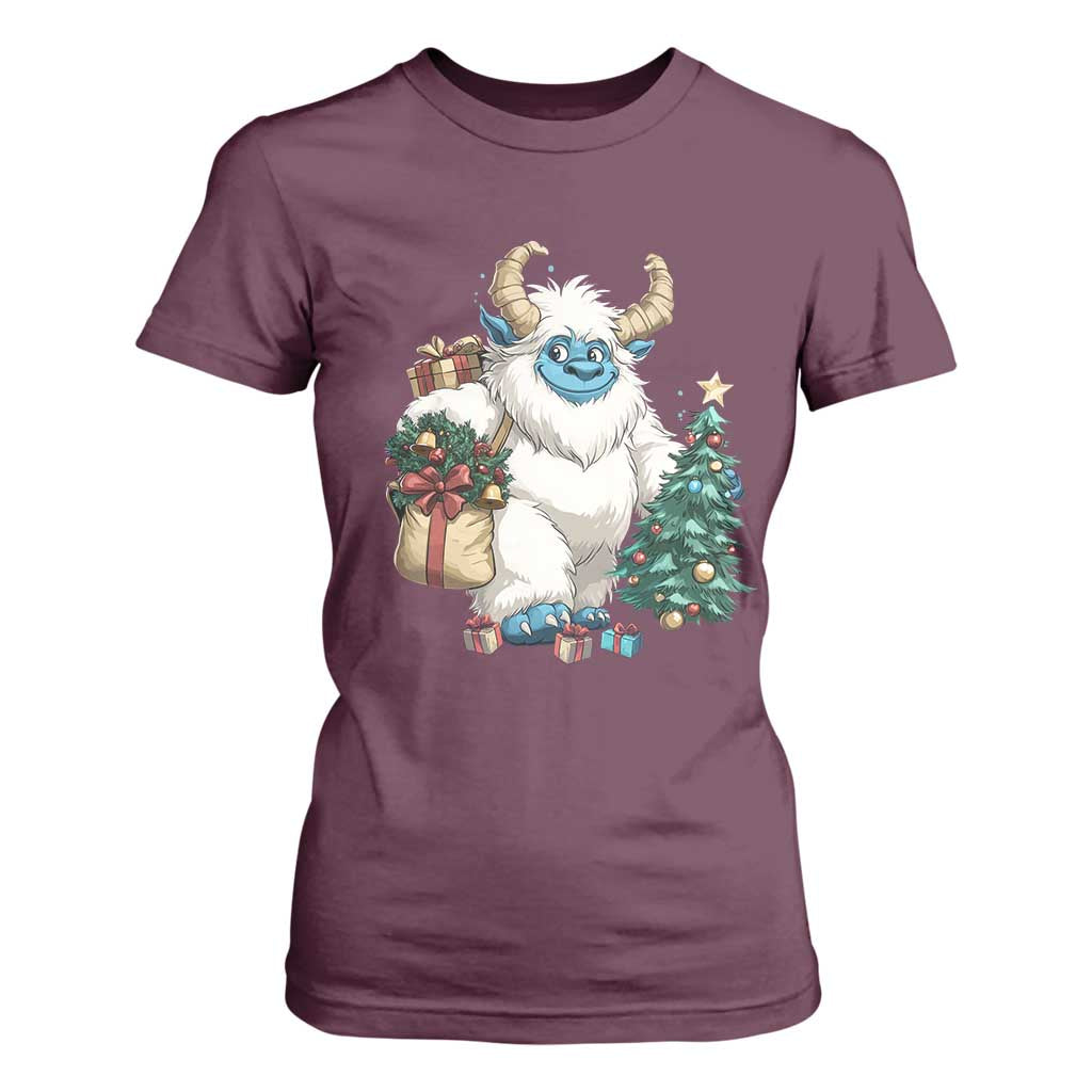 Funny Yule Yeti T Shirt For Women Christmas Mythical Creature Winter Solstice TS11 Maroon Print Your Wear