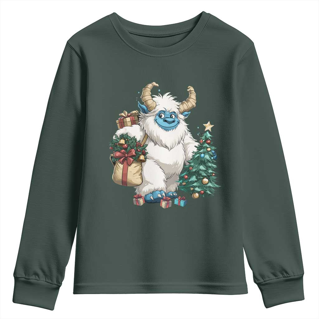 Funny Yule Yeti Youth Sweatshirt Christmas Mythical Creature Winter Solstice TS11 Dark Forest Green Print Your Wear