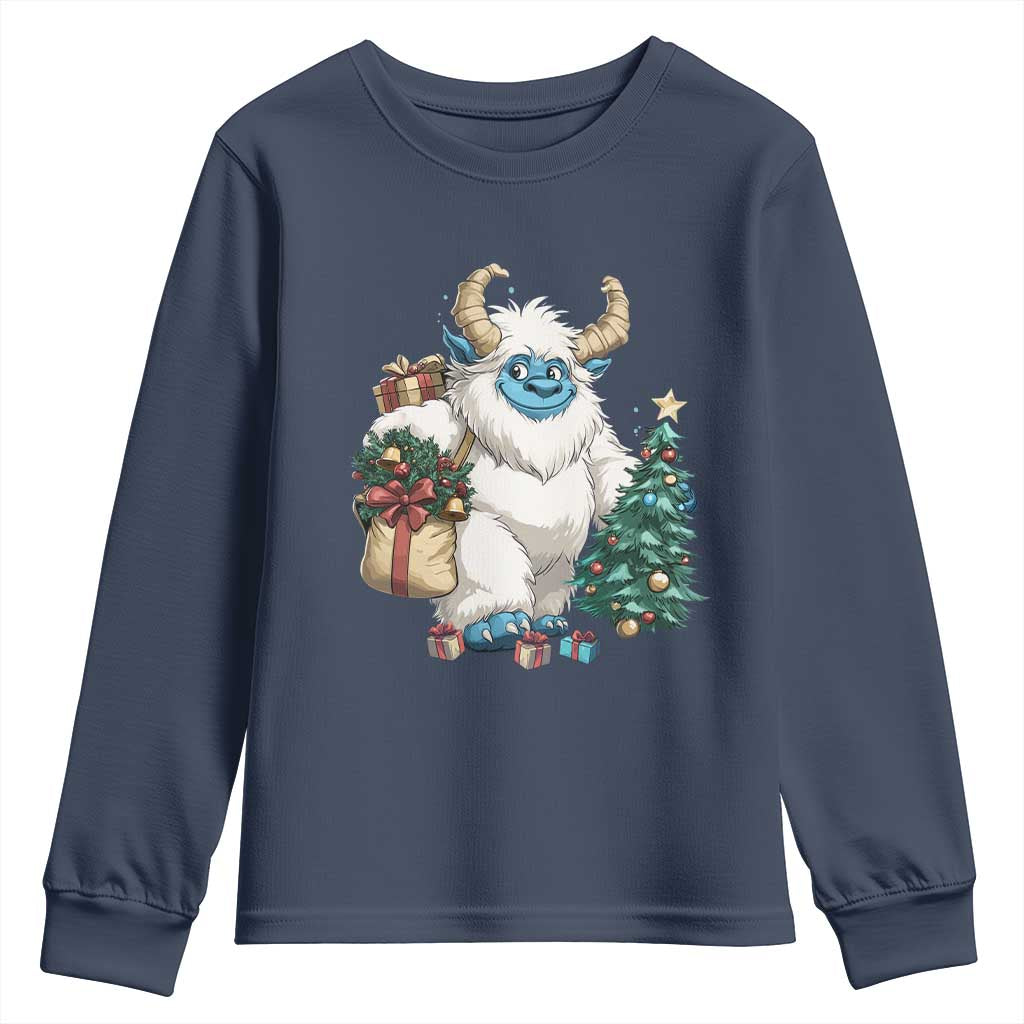 Funny Yule Yeti Youth Sweatshirt Christmas Mythical Creature Winter Solstice TS11 Navy Print Your Wear