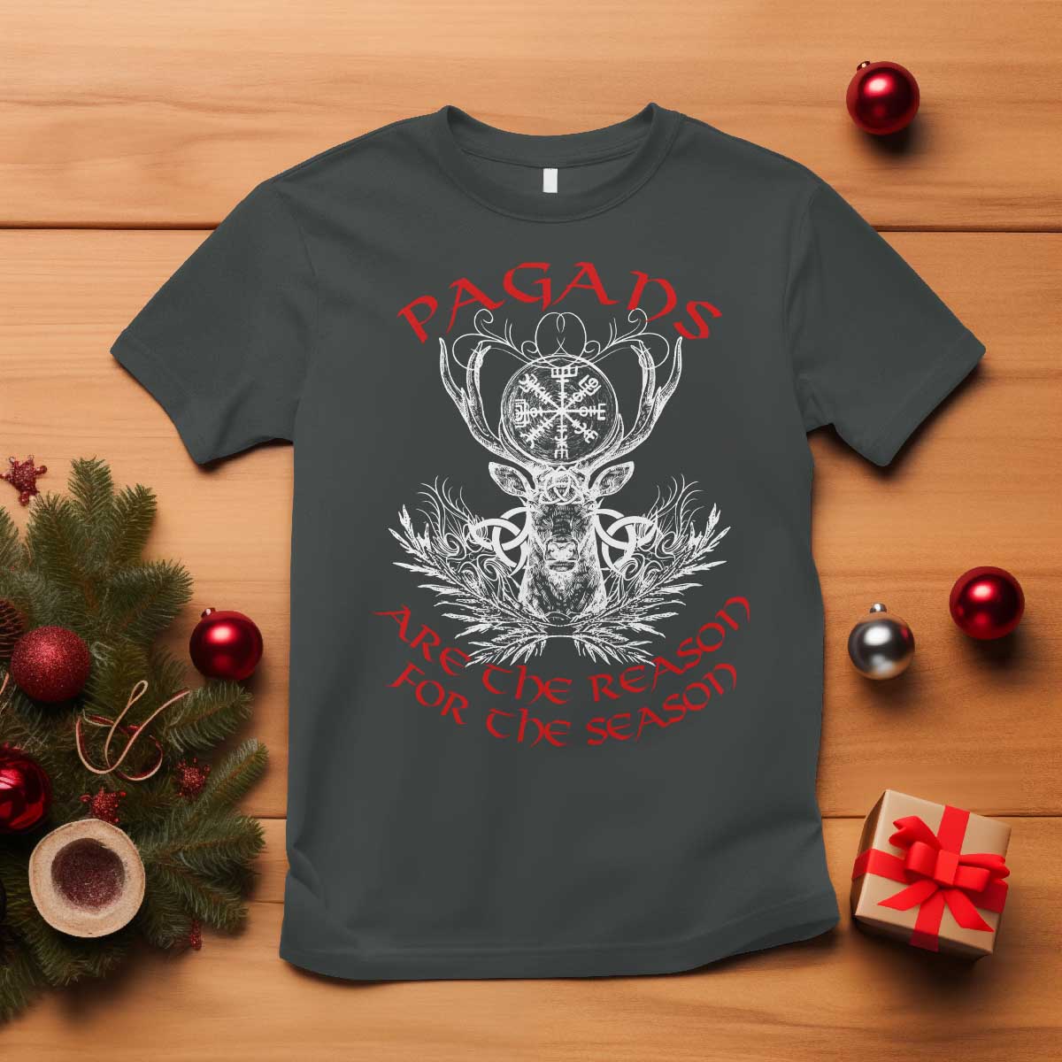 Pagans Are The Reason For The Season T Shirt Yule Pagan Christmas Vegvisir Symbol TS11 Dark Heather Print Your Wear
