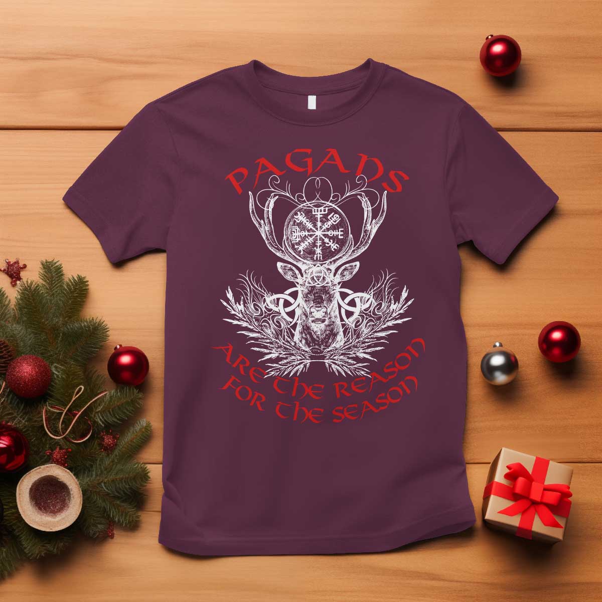 Pagans Are The Reason For The Season T Shirt Yule Pagan Christmas Vegvisir Symbol TS11 Maroon Print Your Wear