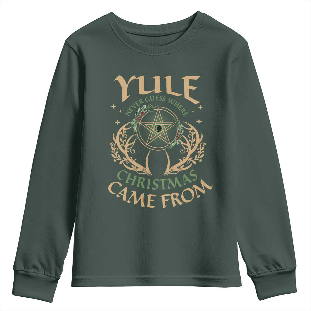 Yule Never Guess Where Christmas Come From Youth Sweatshirt Pentagram Circle TS11 Dark Forest Green Print Your Wear