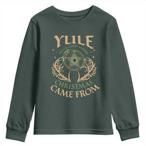 Yule Never Guess Where Christmas Come From Youth Sweatshirt Pentagram Circle TS11 Dark Forest Green Print Your Wear