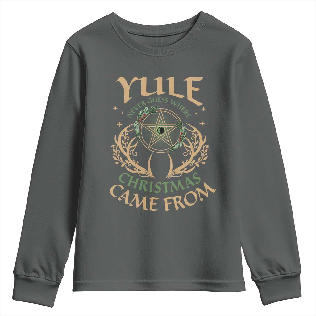 Yule Never Guess Where Christmas Come From Youth Sweatshirt Pentagram Circle TS11 Dark Heather Print Your Wear