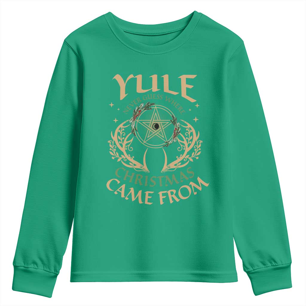 Yule Never Guess Where Christmas Come From Youth Sweatshirt Pentagram Circle TS11 Irish Green Print Your Wear