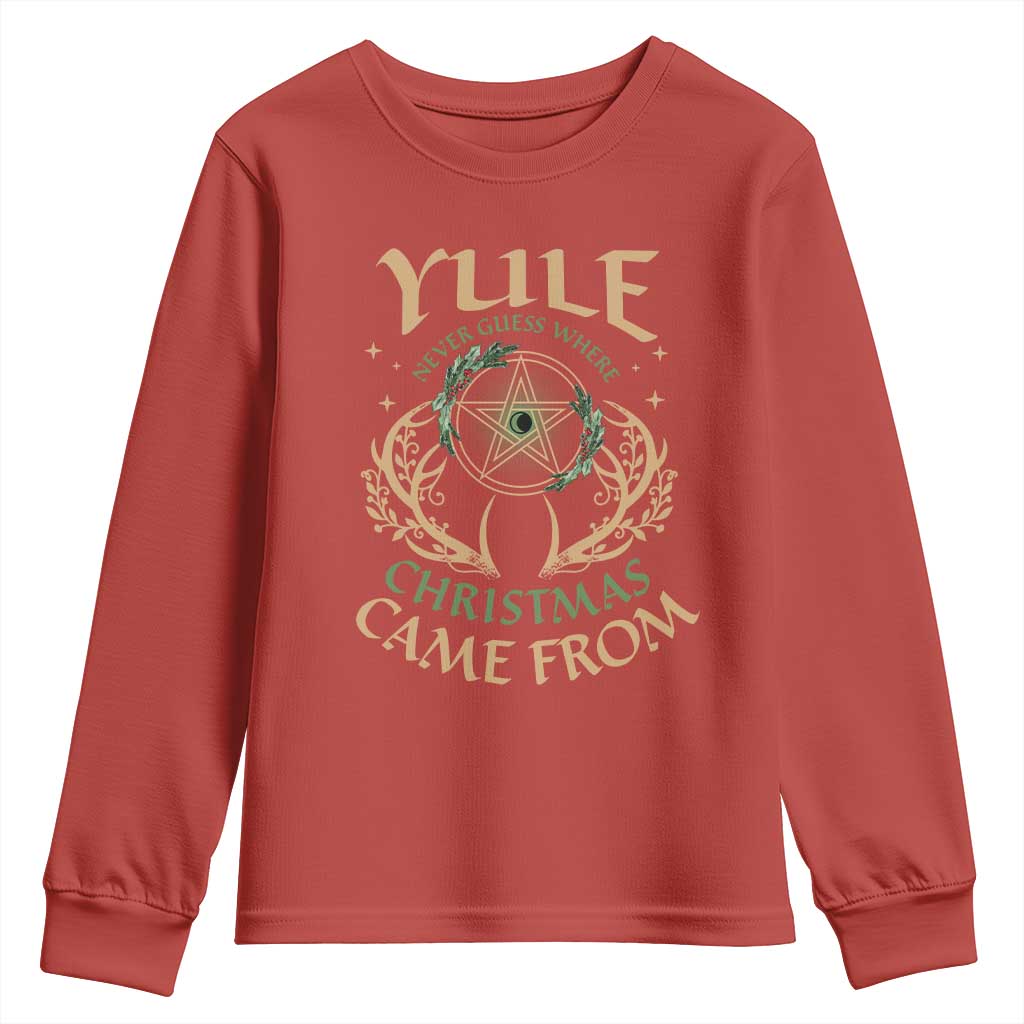 Yule Never Guess Where Christmas Come From Youth Sweatshirt Pentagram Circle TS11 Red Print Your Wear