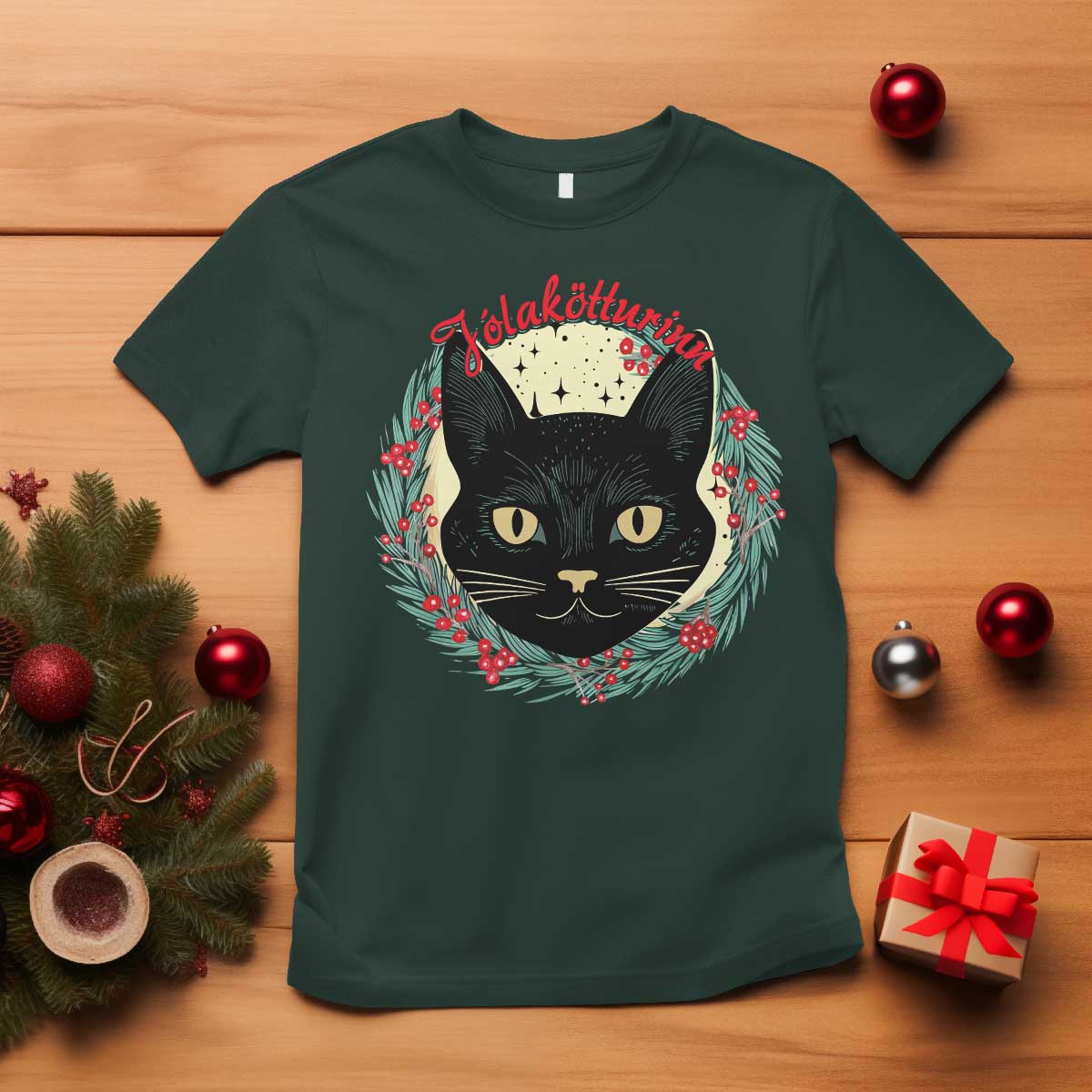 Funny Yule Cat T Shirt Jlaktturinn Yule Christmas Black Cat TS11 Dark Forest Green Print Your Wear