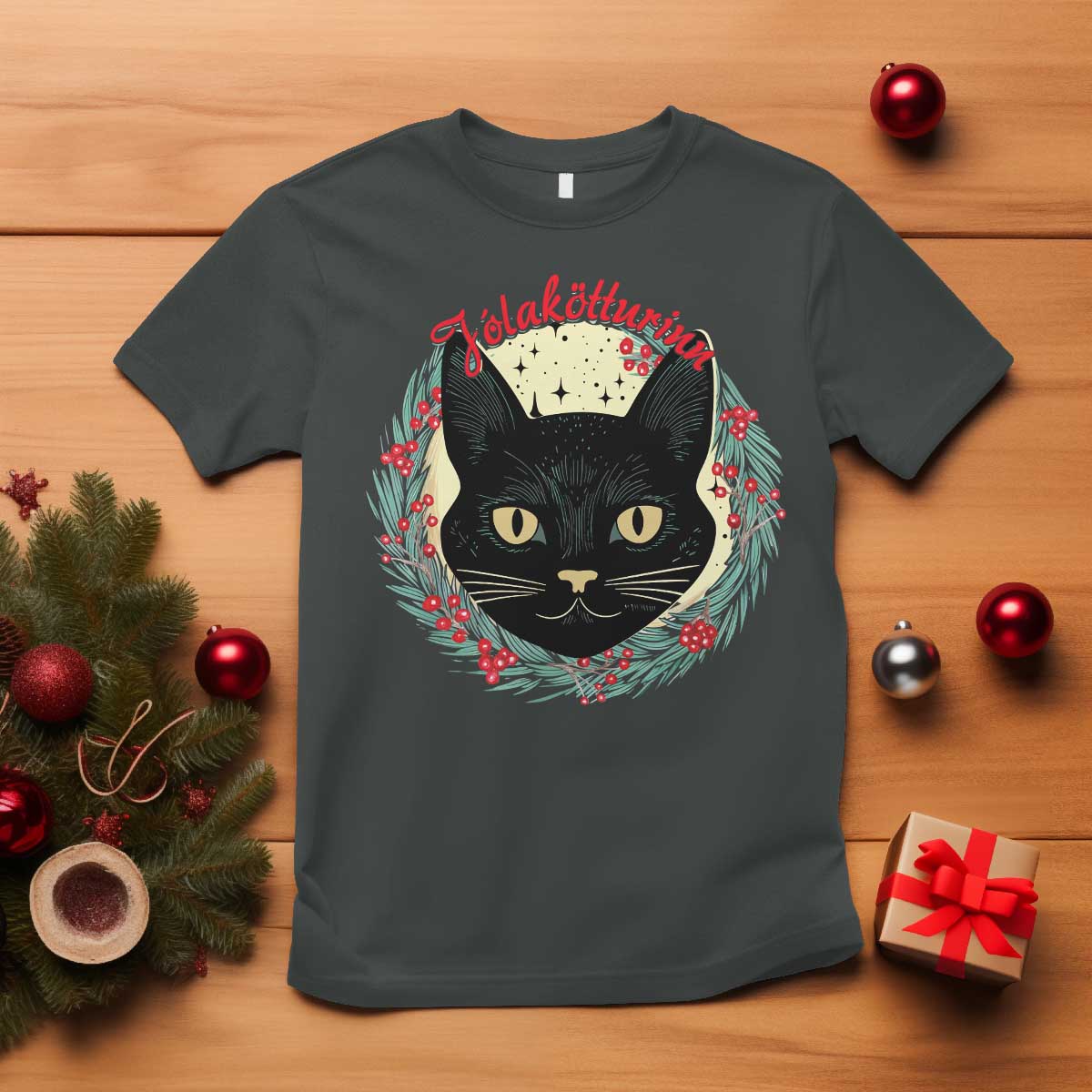 Funny Yule Cat T Shirt Jlaktturinn Yule Christmas Black Cat TS11 Dark Heather Print Your Wear