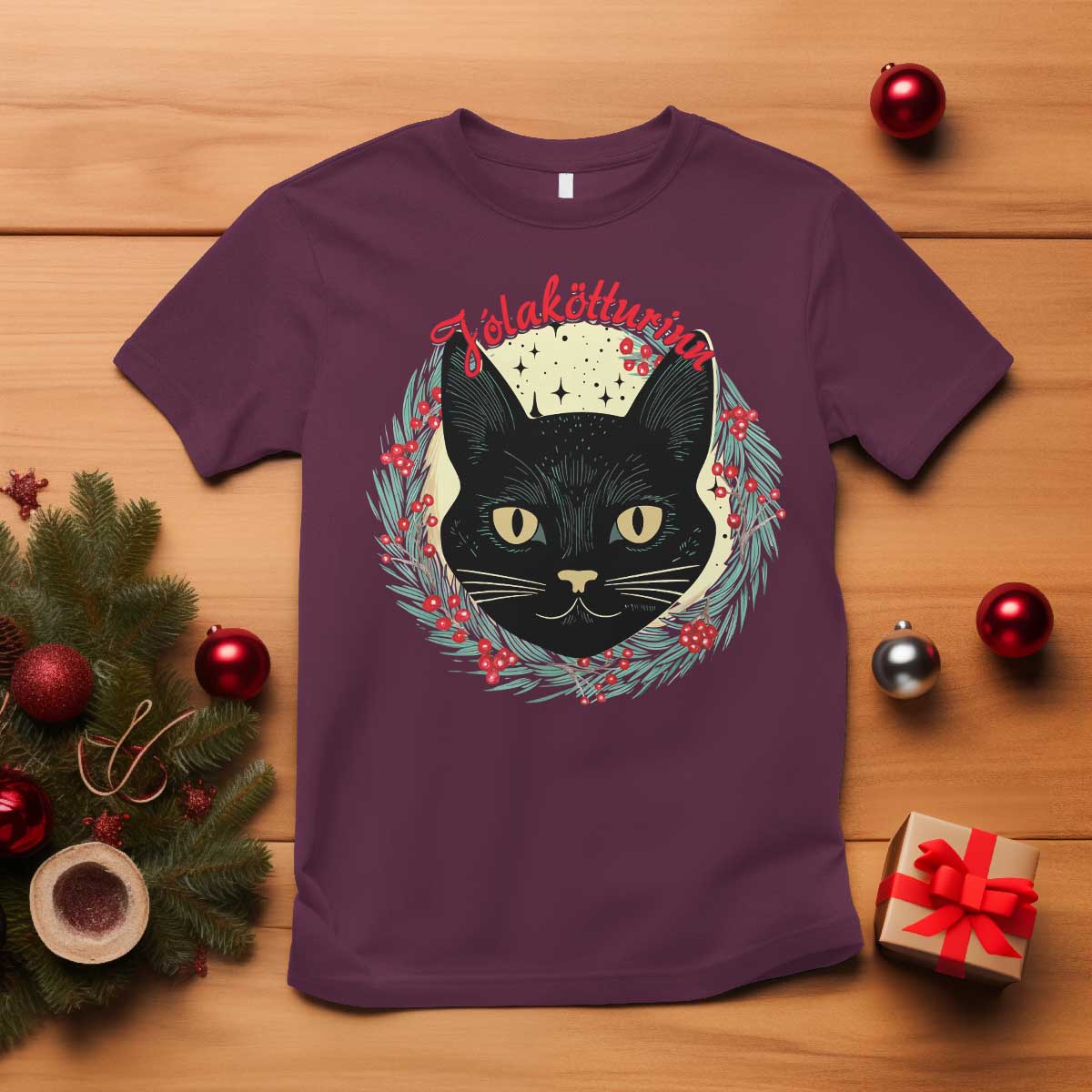 Funny Yule Cat T Shirt Jlaktturinn Yule Christmas Black Cat TS11 Maroon Print Your Wear
