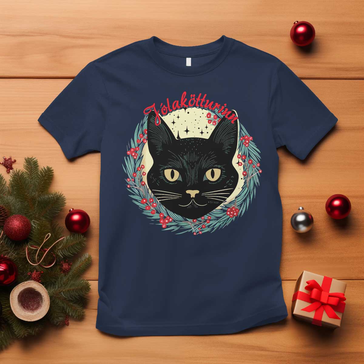 Funny Yule Cat T Shirt Jlaktturinn Yule Christmas Black Cat TS11 Navy Print Your Wear