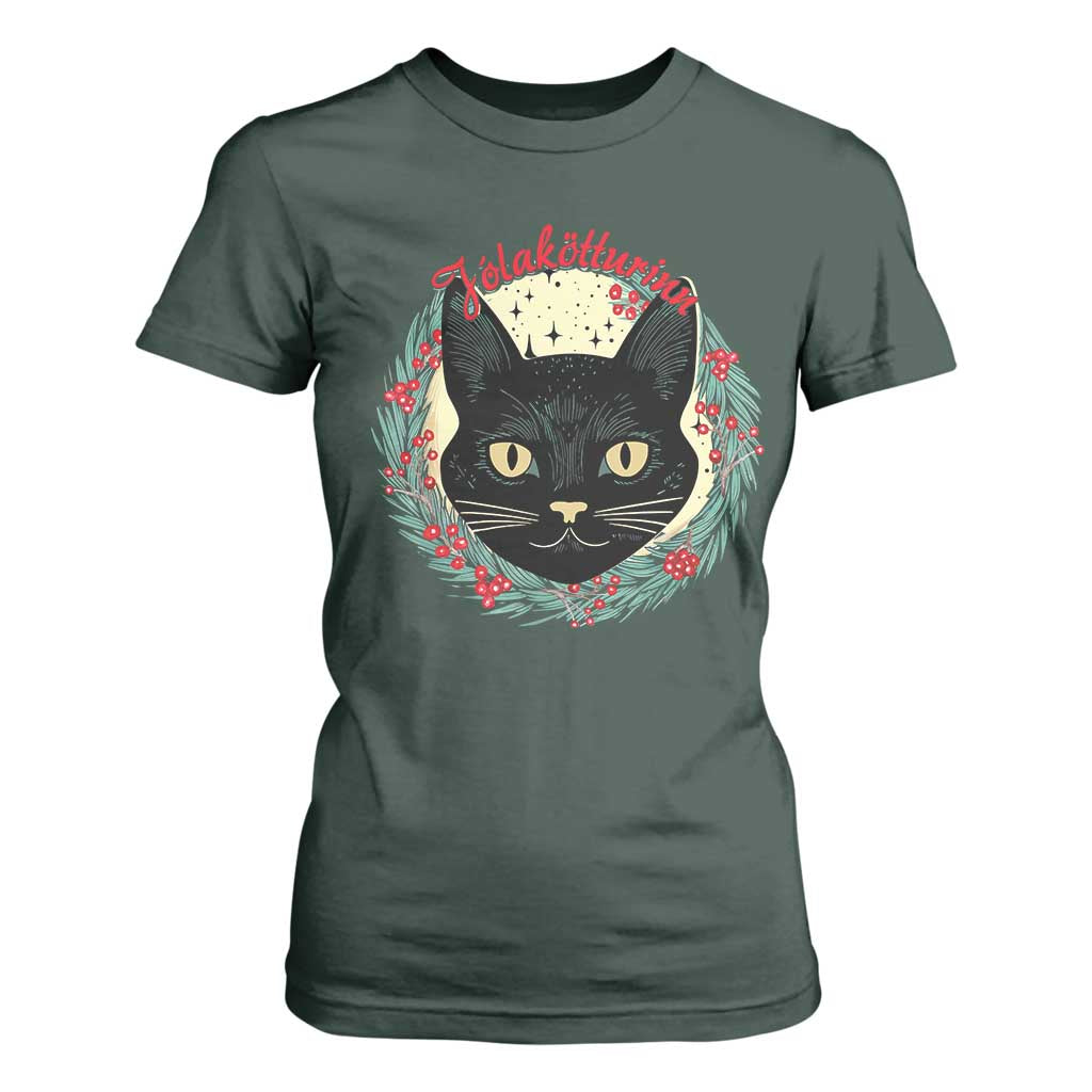 Funny Yule Cat T Shirt For Women Jlaktturinn Yule Christmas Black Cat TS11 Dark Forest Green Print Your Wear