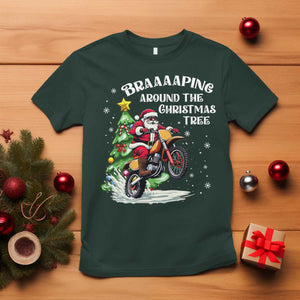 Funny Christmas Biker T Shirt Braaaaping Around The Christmas Tree Dirt Bike Santa TS11 Dark Forest Green Print Your Wear