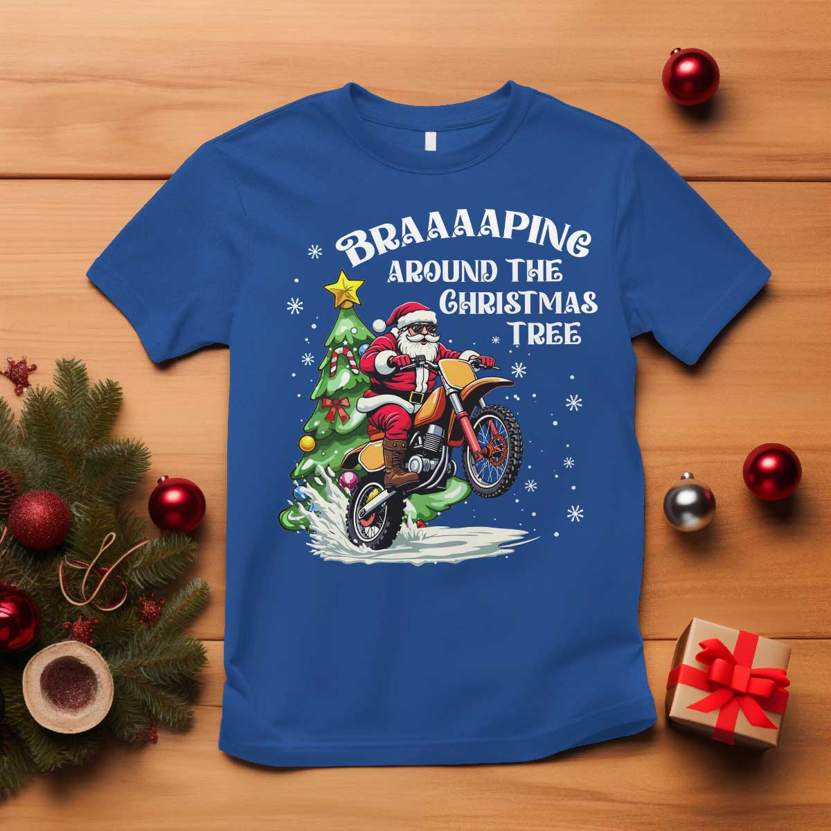 Funny Christmas Biker T Shirt Braaaaping Around The Christmas Tree Dirt Bike Santa TS11 Royal Blue Print Your Wear