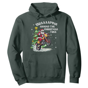 Funny Christmas Biker Hoodie Braaaaping Around The Christmas Tree Dirt Bike Santa TS11 Dark Forest Green Print Your Wear