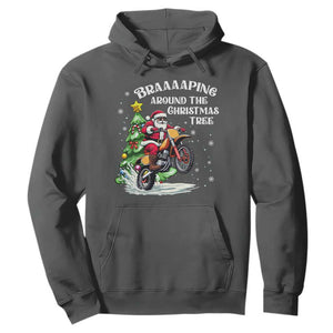 Funny Christmas Biker Hoodie Braaaaping Around The Christmas Tree Dirt Bike Santa TS11 Dark Heather Print Your Wear