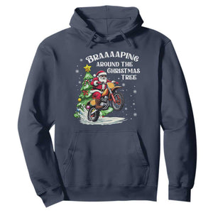 Funny Christmas Biker Hoodie Braaaaping Around The Christmas Tree Dirt Bike Santa TS11 Navy Print Your Wear