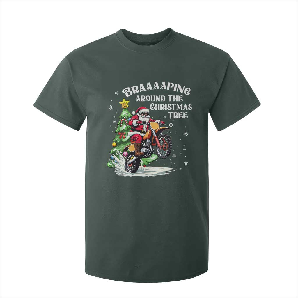Funny Christmas Biker T Shirt For Kid Braaaaping Around The Christmas Tree Dirt Bike Santa TS11 Dark Forest Green Print Your Wear