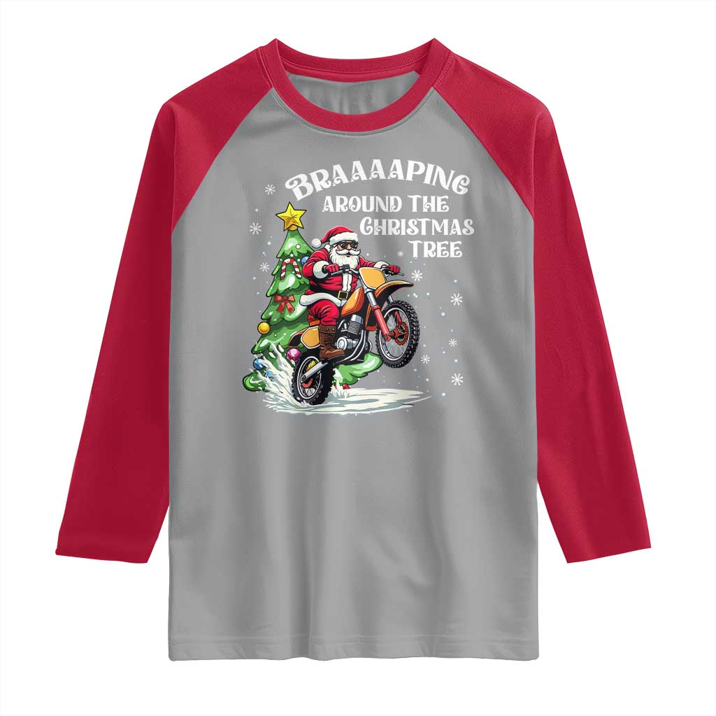 Funny Christmas Biker Raglan Shirt Braaaaping Around The Christmas Tree Dirt Bike Santa TS11 Sport Gray Red Print Your Wear