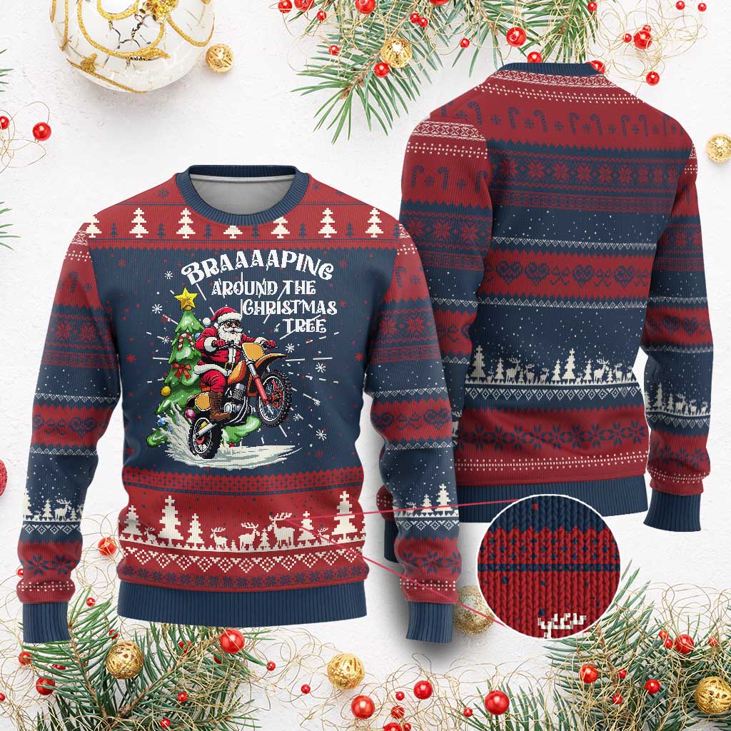 Funny Christmas Biker Ugly Christmas Sweater Braaaaping Around The Christmas Tree Dirt Bike Santa TS11 Burgundy Print Your Wear