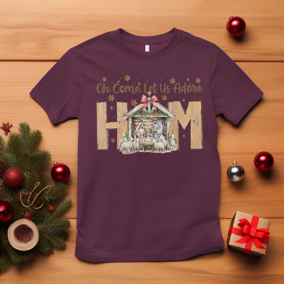 Oh Come Let Us Adore Him T Shirt Christian Christmas Nativity Scene TS11 Maroon Print Your Wear