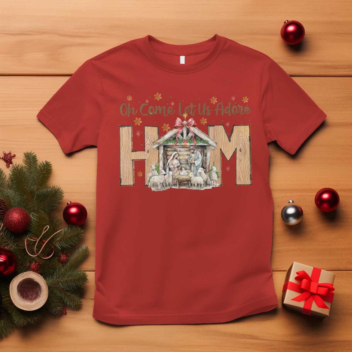 Oh Come Let Us Adore Him T Shirt Christian Christmas Nativity Scene TS11 Red Print Your Wear