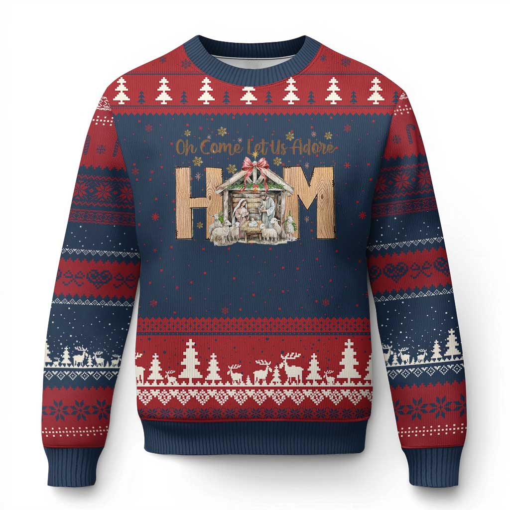 Oh Come Let Us Adore Him Ugly Christmas Sweater Christian Xmas Nativity Scene TS11 Navy Red Print Your Wear