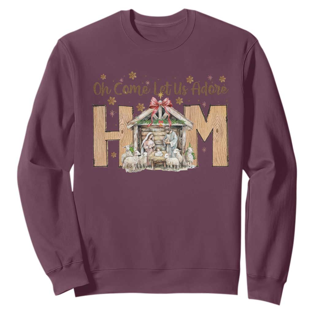 Oh Come Let Us Adore Him Sweatshirt Christian Christmas Nativity Scene TS11 Maroon Print Your Wear