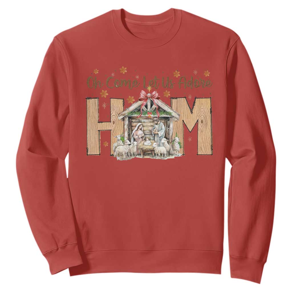 Oh Come Let Us Adore Him Sweatshirt Christian Christmas Nativity Scene TS11 Red Print Your Wear