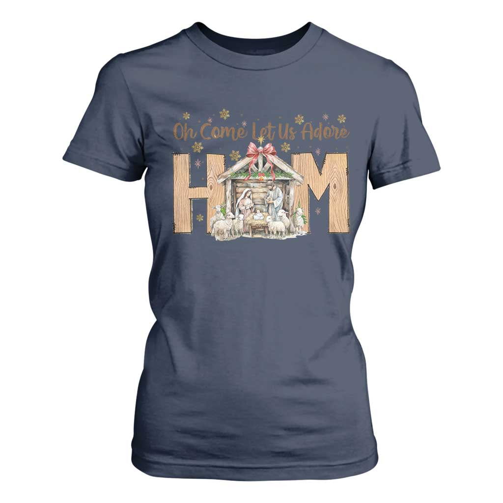 Oh Come Let Us Adore Him T Shirt For Women Christian Christmas Nativity Scene TS11 Navy Print Your Wear