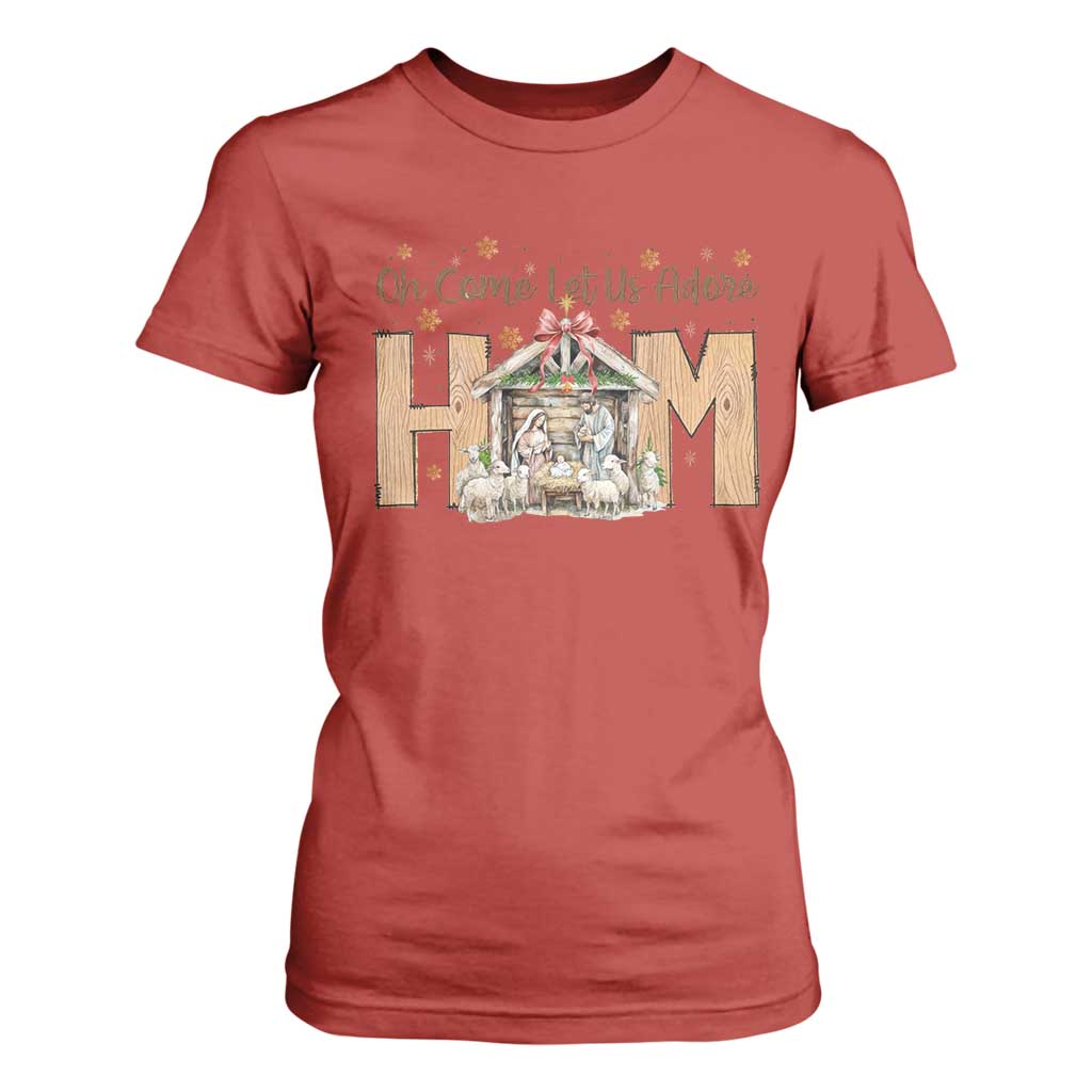 Oh Come Let Us Adore Him T Shirt For Women Christian Christmas Nativity Scene TS11 Red Print Your Wear