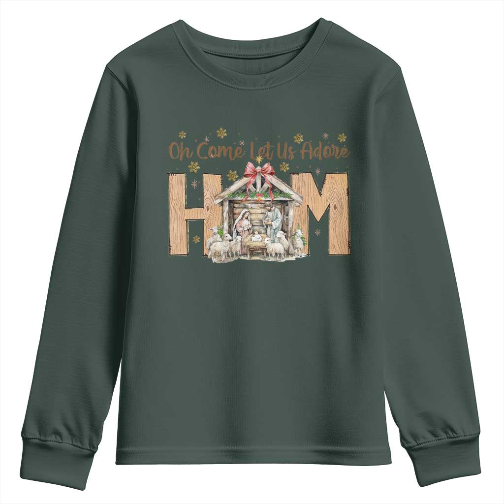 Oh Come Let Us Adore Him Youth Sweatshirt Christian Christmas Nativity Scene TS11 Dark Forest Green Print Your Wear
