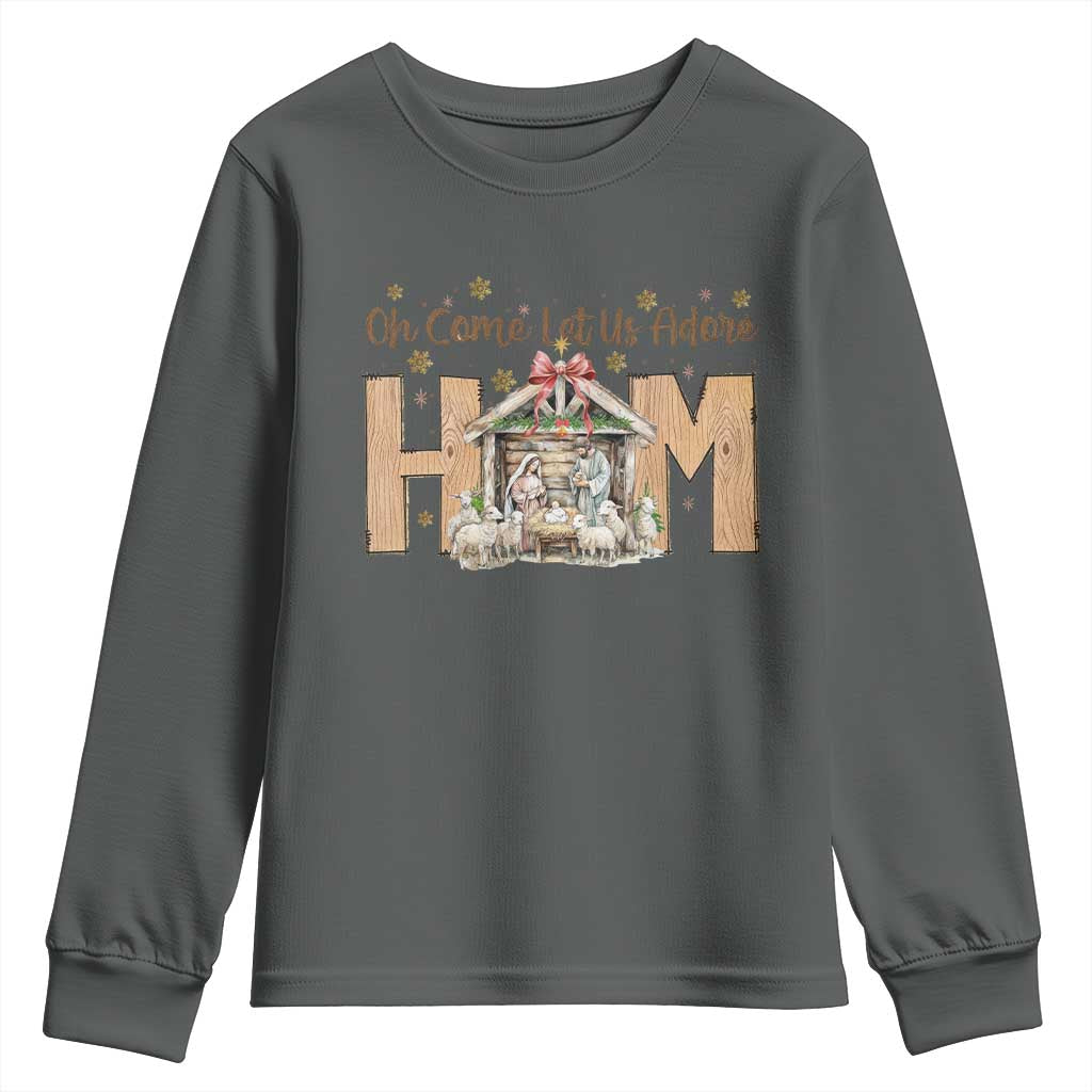 Oh Come Let Us Adore Him Youth Sweatshirt Christian Christmas Nativity Scene TS11 Dark Heather Print Your Wear