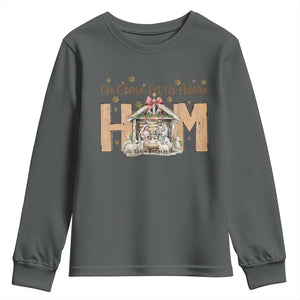 Oh Come Let Us Adore Him Youth Sweatshirt Christian Christmas Nativity Scene TS11 Dark Heather Print Your Wear