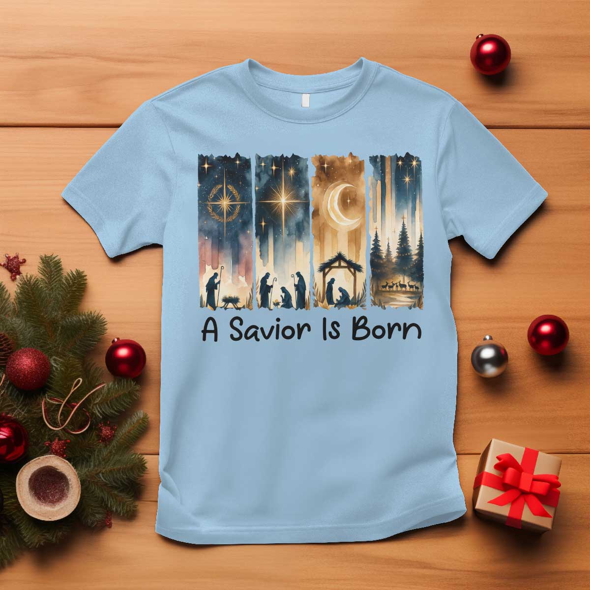 Christian Christmas T Shirt A Savior Is Born Jesus Nativity Scene TS11 Light Blue Print Your Wear