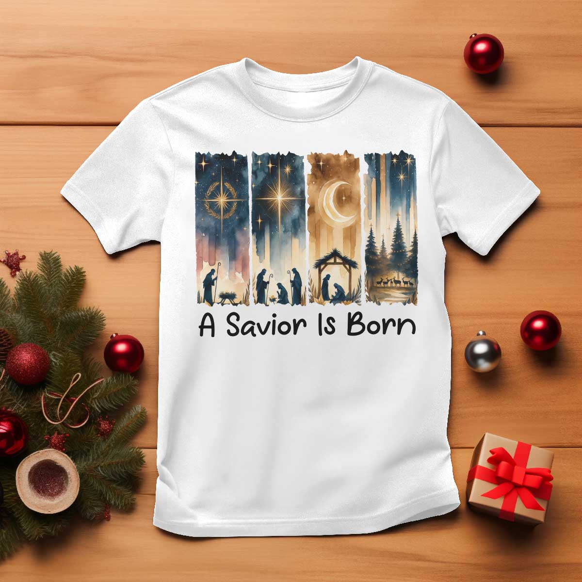 Christian Christmas T Shirt A Savior Is Born Jesus Nativity Scene TS11 White Print Your Wear
