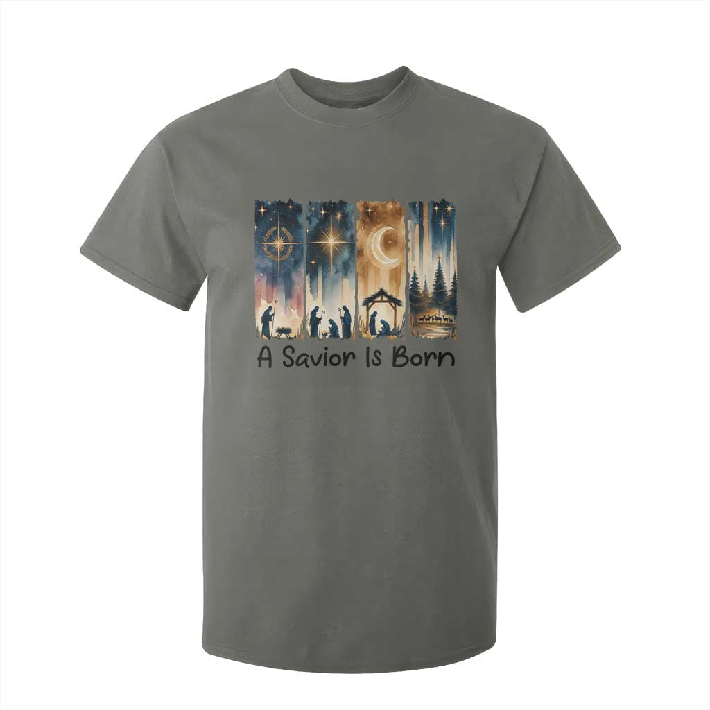 Christian Christmas T Shirt For Kid A Savior Is Born Jesus Nativity Scene TS11 Military Green Print Your Wear