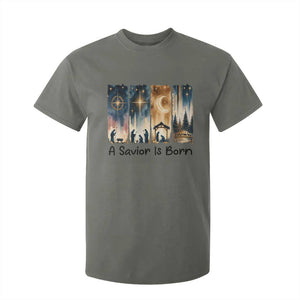 Christian Christmas T Shirt For Kid A Savior Is Born Jesus Nativity Scene TS11 Military Green Print Your Wear