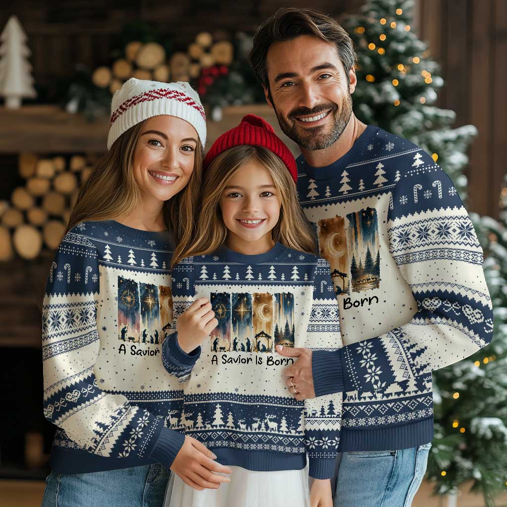 Christian Xmas Ugly Christmas Sweater A Savior Is Born Jesus Nativity Scene TS11 Beige Navy Print Your Wear