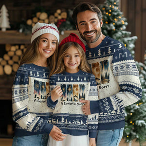 Christian Xmas Ugly Christmas Sweater A Savior Is Born Jesus Nativity Scene TS11 Beige Navy Print Your Wear