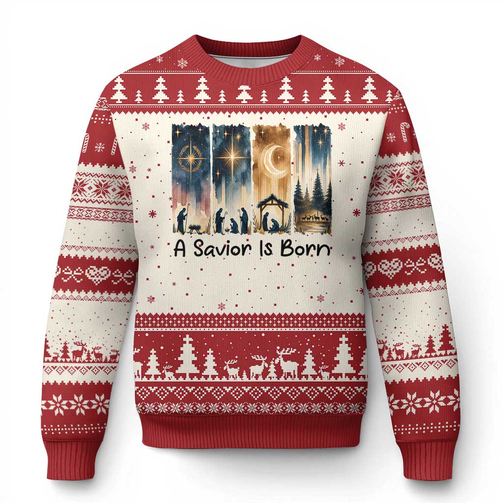 Christian Xmas Ugly Christmas Sweater A Savior Is Born Jesus Nativity Scene TS11 Beige Red Print Your Wear
