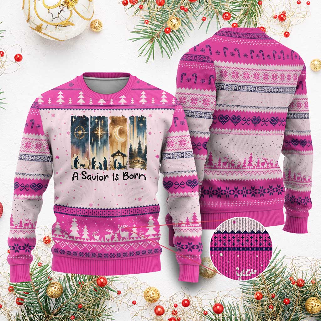 Christian Xmas Ugly Christmas Sweater A Savior Is Born Jesus Nativity Scene TS11 Hot Pink Print Your Wear