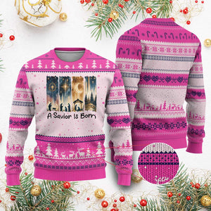 Christian Xmas Ugly Christmas Sweater A Savior Is Born Jesus Nativity Scene TS11 Hot Pink Print Your Wear