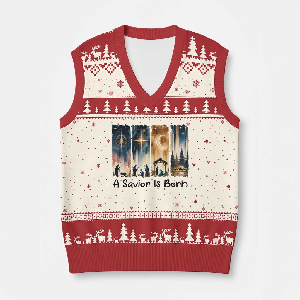 Christian Xmas V-Neck Knit Sweater Vest A Savior Is Born Jesus Nativity Scene TS11 Beige Red Print Your Wear