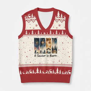 Christian Xmas V-Neck Knit Sweater Vest A Savior Is Born Jesus Nativity Scene TS11 Beige Red Print Your Wear