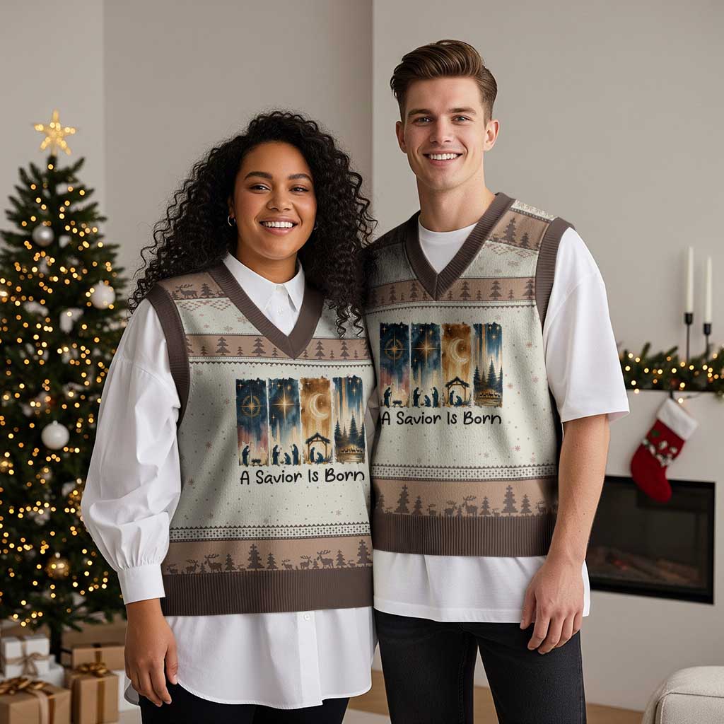 Christian Xmas V-Neck Knit Sweater Vest A Savior Is Born Jesus Nativity Scene TS11 Mocha Mousse Print Your Wear