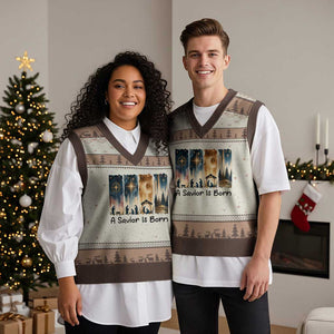Christian Xmas V-Neck Knit Sweater Vest A Savior Is Born Jesus Nativity Scene TS11 Mocha Mousse Print Your Wear