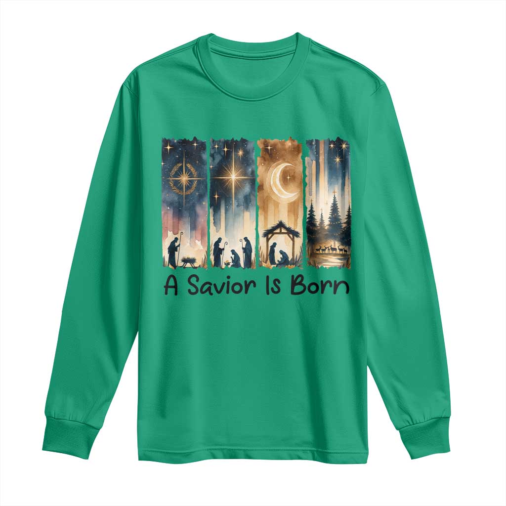 Christian Christmas Long Sleeve Shirt A Savior Is Born Jesus Nativity Scene TS11 Irish Green Print Your Wear