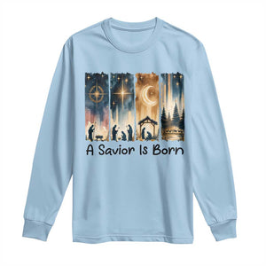 Christian Christmas Long Sleeve Shirt A Savior Is Born Jesus Nativity Scene TS11 Light Blue Print Your Wear