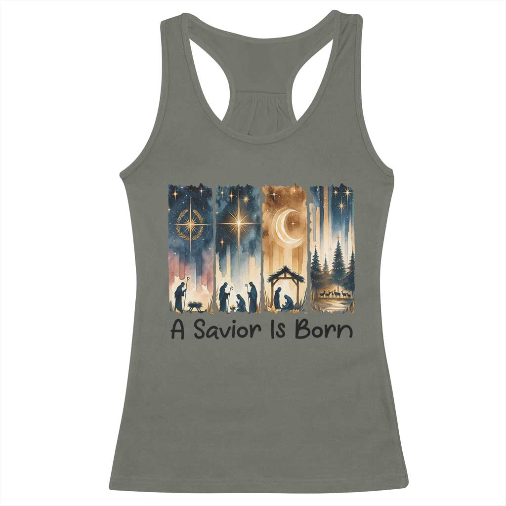 Christian Christmas Racerback Tank Top A Savior Is Born Jesus Nativity Scene TS11 Military Green Print Your Wear