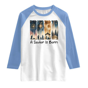 Christian Christmas Raglan Shirt A Savior Is Born Jesus Nativity Scene TS11 White Carolina Blue Print Your Wear